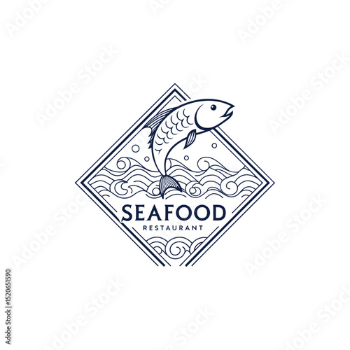 seafood restaurant logo with a minimalist line art of a fish and waves