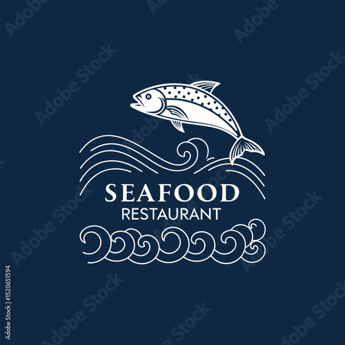 seafood restaurant logo with a minimalist line art of a fish and waves