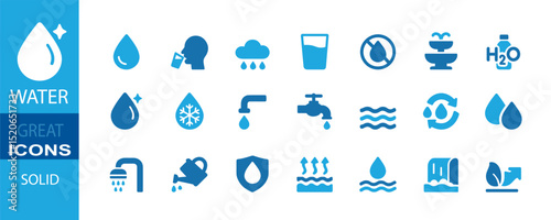 A clean and modern set of 21 water-related solid icons, designed in a minimal flat style. This icon pack covers various water concepts including drinking water, drops, rain, tap, fountain, sea