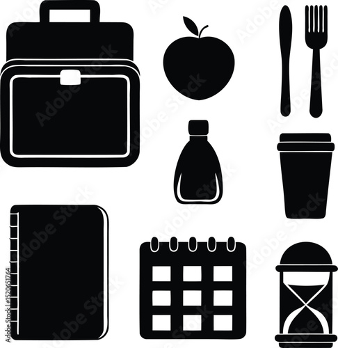 Silhouette vector set of office and lunch break essentials including lunchbox, notebook, coffee cup, cutlery, fruit, and calendar, ideal for work-from-home, productivity, planner, or workplace design