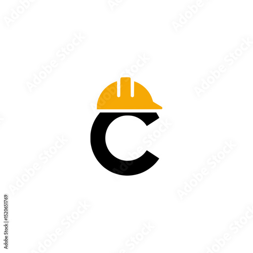 Letter C Construction Logo with Hard Hat, Bold black letter C integrated with a yellow construction helmet, ideal for branding related to safety, building, or construction services.


