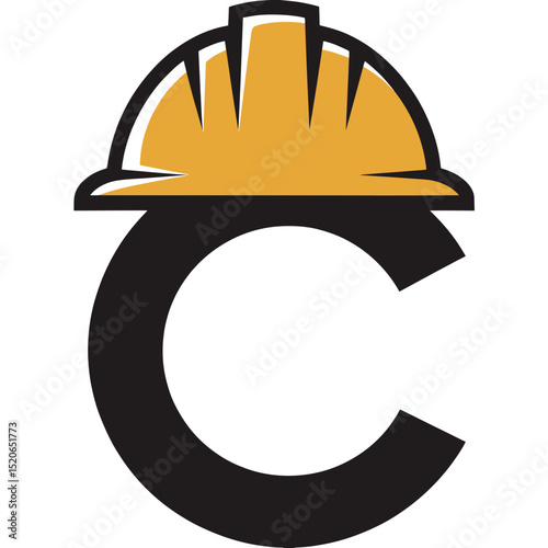 Letter C Construction Logo with Hard Hat, Bold black letter C integrated with a yellow construction helmet, ideal for branding related to safety, building, or construction services.

