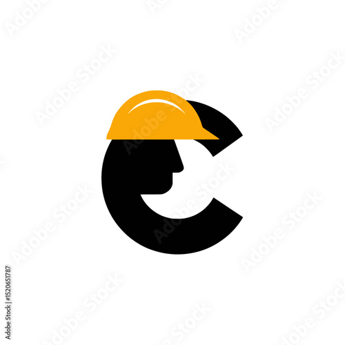 Letter C Construction Logo with Hard Hat, Bold black letter C integrated with a yellow construction helmet, ideal for branding related to safety, building, or construction services.

