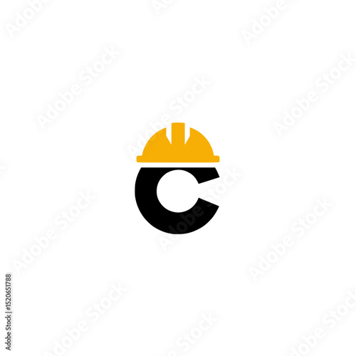 Letter C Construction Logo with Hard Hat, Bold black letter C integrated with a yellow construction helmet, ideal for branding related to safety, building, or construction services.

