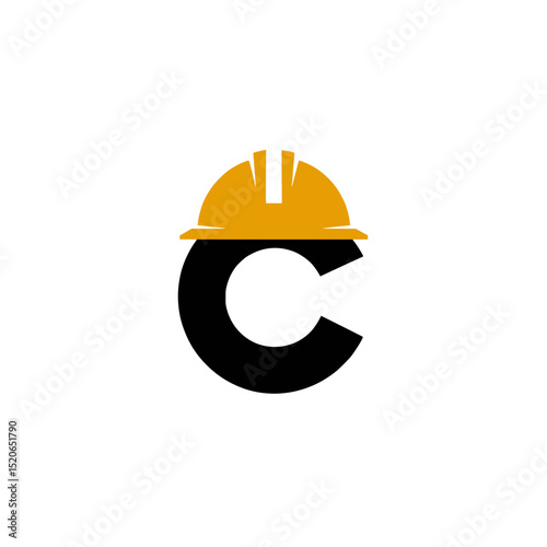 Letter C Construction Logo with Hard Hat, Bold black letter C integrated with a yellow construction helmet, ideal for branding related to safety, building, or construction services.

