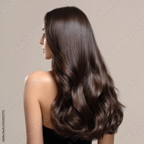 Woman with long shiny brown wavy hair. Haircare and hairstyle concept.
