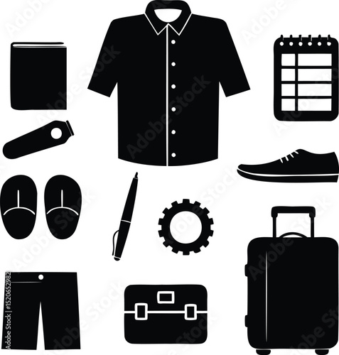 Vector silhouette set of travel and personal accessories including shirt, shorts, shoes, luggage, razor, pen, and notebook, perfect for packing lists, travel guides, tourism apps, and daily essentials