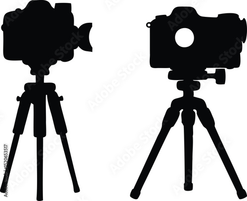 Silhouette vector icon set of professional DSLR and video cameras mounted on tripods, perfect for film, photography, videography, studio gear, vlogging, and multimedia production design concepts
