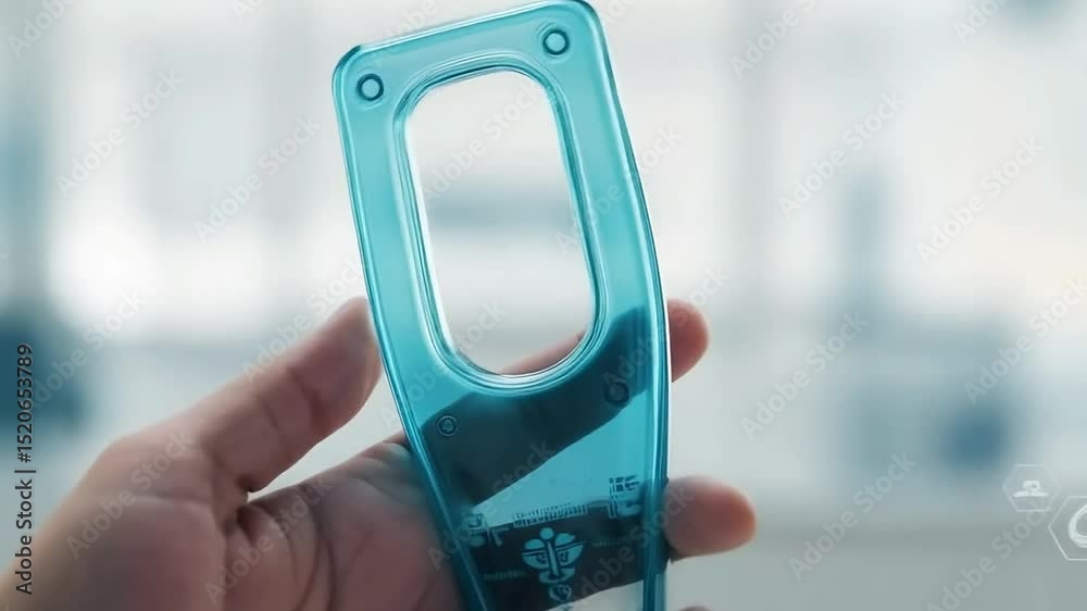 Hand holding blue medical device with digital health icons in the background