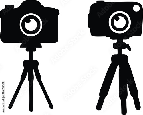 Silhouette vector set of digital cameras mounted on tripods, ideal for photography, studio equipment, video shooting, camera gear, vlogging icons, and creative media production illustrations