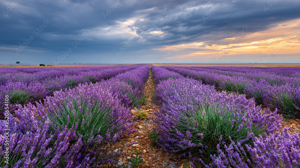 Obraz premium Stunning lavender field stretches under dramatic cloudy sky at sunset, creating serene and picturesque landscape. vibrant purple hues contrast beautifully with moody clouds