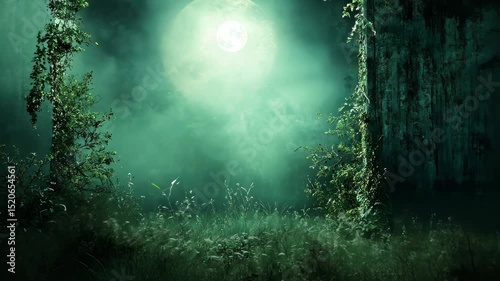 Enchanting moonlit forest scene, ethereal green hues,  trees, grass, and a full moon