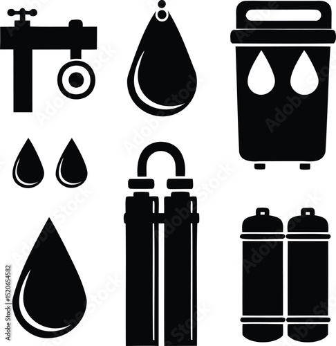 Silhouette vector icon set of water filtering and purification system components including drops, tanks, filters, and pipes, perfect for plumbing, utility services, and environmental clean water desig