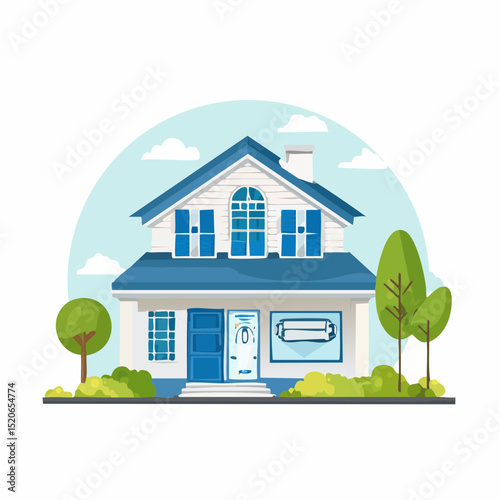 An illustrated two-story house with blue shutters, a blue roof, and a white exterior set against a light blue sky with fluffy white clouds.