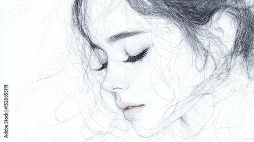 Artistic rendering of a young woman with flowing hair and closed eyes evokes peace