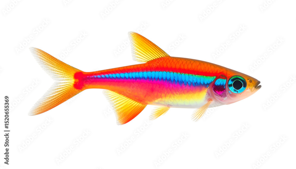 Fototapeta premium Cardinal Tetra Fish: A vibrant cardinal tetra fish, showcasing its iridescent red, orange, and blue hues, is isolated against a plain background. The detail of its scales and fins is emphasized.