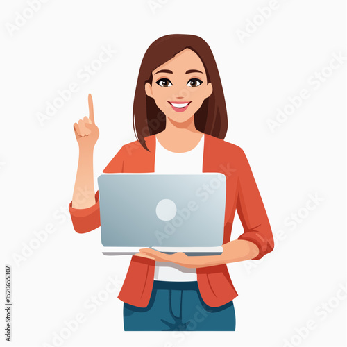 Attractive woman holding a laptop and pointing her finger upwards, suggesting an idea or solution with a smile, vector illustration on white background.