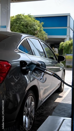 Car being refueled at the gas station, filling up with fuel at service station with the pump nozzle, energy industry