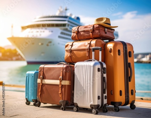 Luggage set with a cruise ship in port - Generative AI
