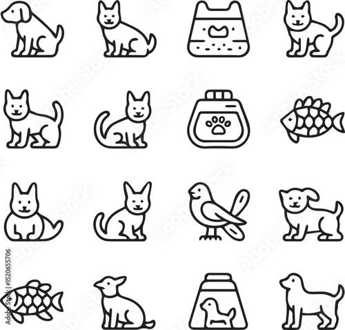 Charming Line Art Pet Care and Animal Icons Collection