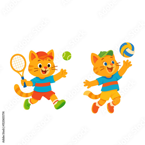 Cute sporty cat playing tennis and volleyball, cartoon vector for kids
