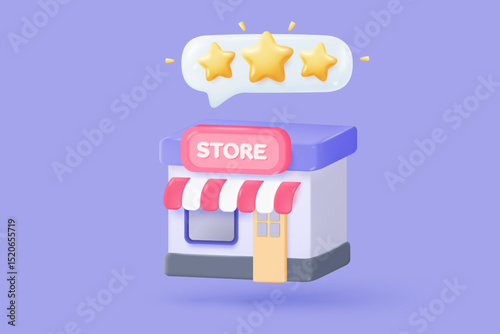 3d store icon signs for shopping with stars rating for best excellent services. Result score in speech bubble. merchandise product with product award review. 3d satisfaction vector icon illustration