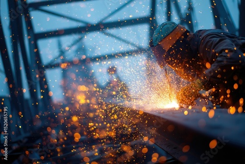 Welding sparks flying from steelwork on an industrial site