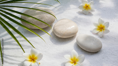 Serene composition featuring spa stones plumeria flowers and lush green palm leaves