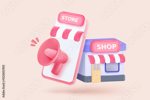3d store icon signs for online shopping and digital marketing concepts. merchandise product with coupon promotion for offer customer, discount shopping. 3d selling visual vector icon illustration