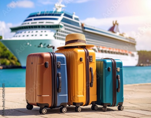 Luggage set with a cruise ship in port - Generative AI