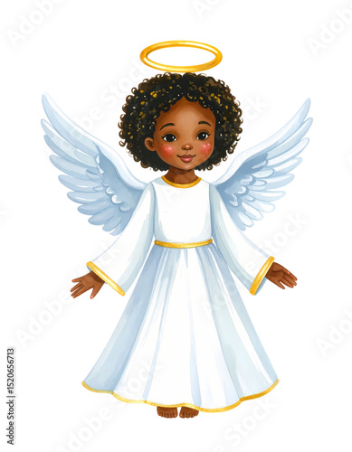 An angelic figure with feathered wings and a golden halo isolated on transparent background, set against a plain backdrop. This serene illustration evokes a sense of peace and innocence.