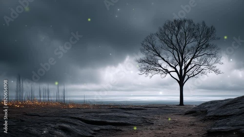 A charred tree standing alone, symbolizing survival after destruction.
