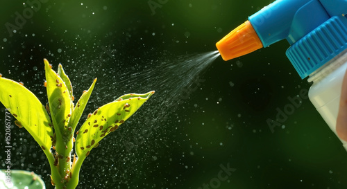 Spray bottle misting water on green plant leaves with spotted disease. Garden pesticide treatment for sick foliage with fungal infection. Plant care concept. Gardening services, pest control
