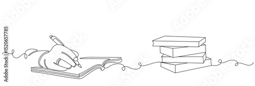 Continuous single line drawing of handwriting on open notebook for writing business draft. Write business diary concept. Trendy single line drawing vector graphic design