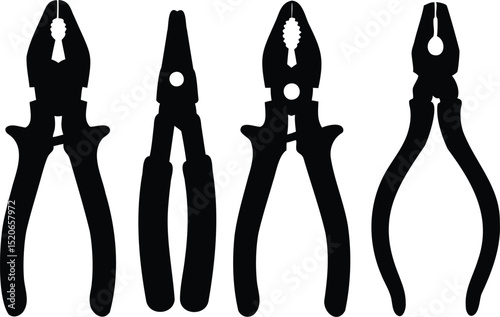Silhouette vector collection of four different hand pliers including cutting, needle-nose, and long-nose pliers, perfect for workshop, hardware store, electrician, and mechanical tool illustrations