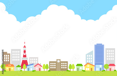 青空　雲　入道雲　市街地　背景　イラスト