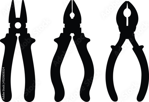 Silhouette vector set of hand pliers including needle nose, cutting, and combination pliers, perfect for toolkits, construction, electrical work, maintenance, repair, hardware or engineering designs