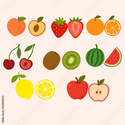 Assortment of Colorful Fruits Peaches Strawberries Oranges Cherries Kiwis Watermelons Apples and Lem