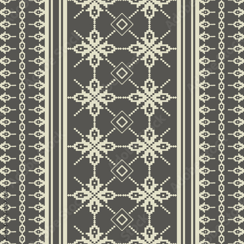 Geometric Ethnic Textile Design with Repeating Motif and Pixelated Elements