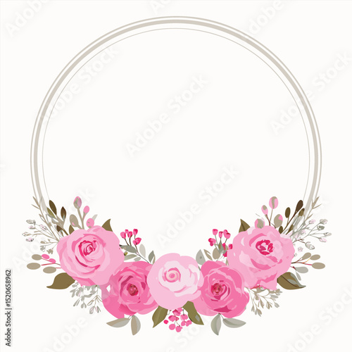 Elegant Pink Rose Floral Wreath Frame Illustration