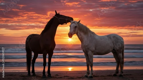 Two horses at sunset beach silhouette