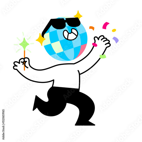 Character with disco ball head dancing and partying