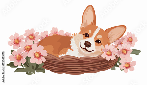 Adorable corgi resting in a nest surrounded by pink flowers.