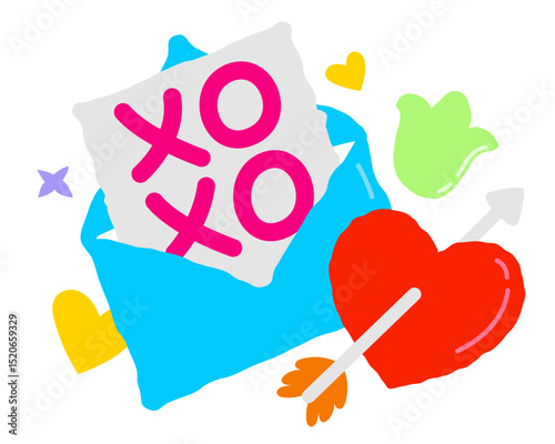 XOXO text in love letter with decorations