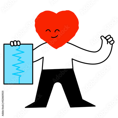 Character with heart head holding cardiogram