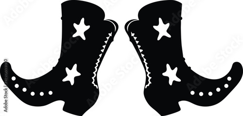 Silhouette vector of western cowboy boots with decorative stars and stitching, perfect for wild west, country theme, rodeo event, farm life, fashion, or cowboy lifestyle graphic design projects