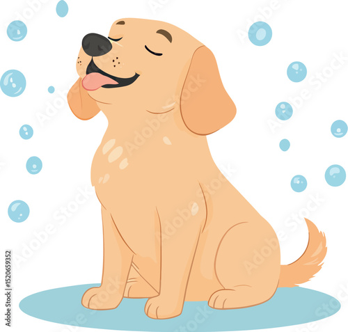 Happy golden retriever enjoying a bubbly bath time.