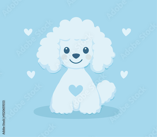Adorable cartoon poodle with a heart on its chest, surrounded by hearts.