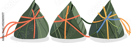 Three traditional rice dumplings wrapped in green leaves with colorful strings.
