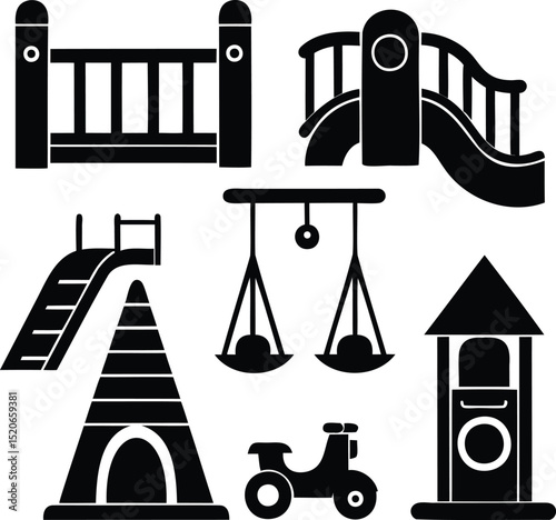 Silhouette vector icon set of playground equipment including slides, swings, climbing structures, scooter, jungle gym, and outdoor park toys for kids, perfect for children and school design themes